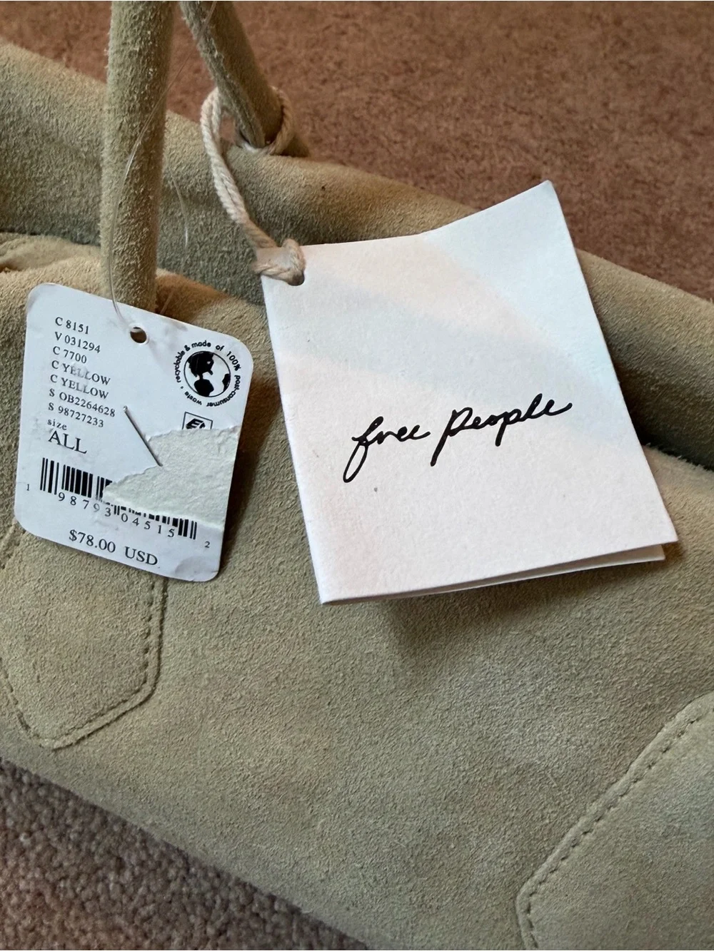 NWT free people sierra suede shoulder bag tote beige tan yellow